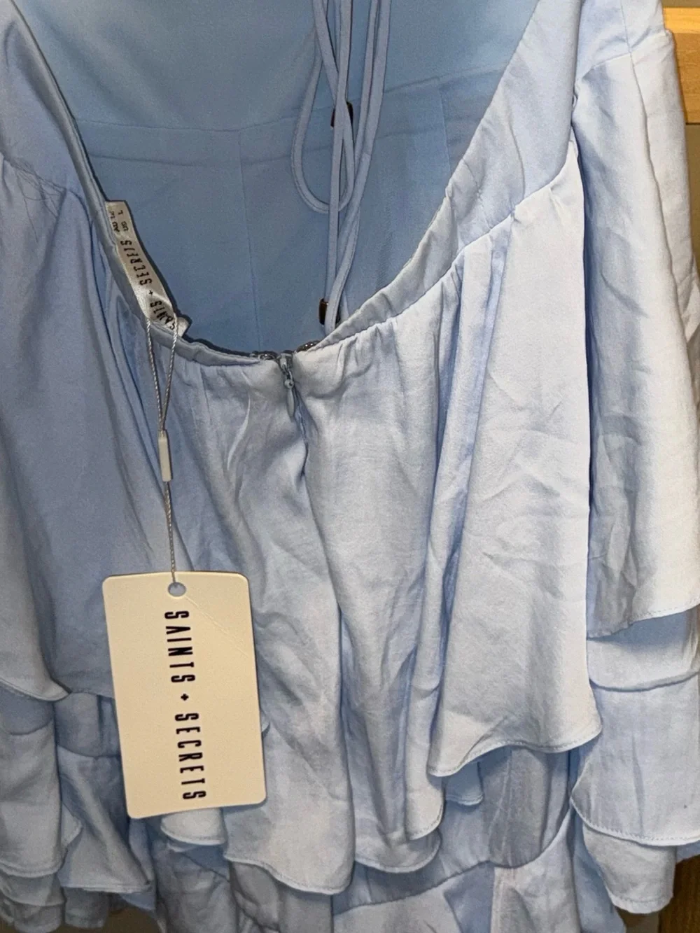 NWT SAINTS + SECRETS Powder Blue Ruffle Mini Dress with Drawstring - Picture 2 of 11